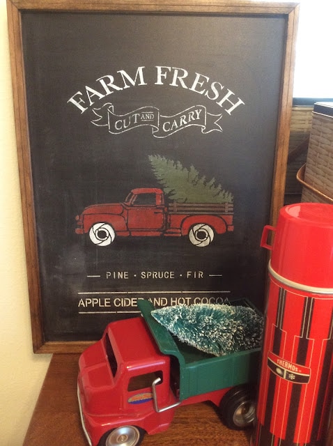 tuesday turn about christmas begins stenciled sign with thermos and holiday truck