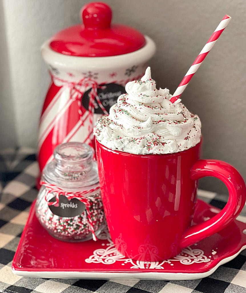 faux hot chocolate on a tray with jars