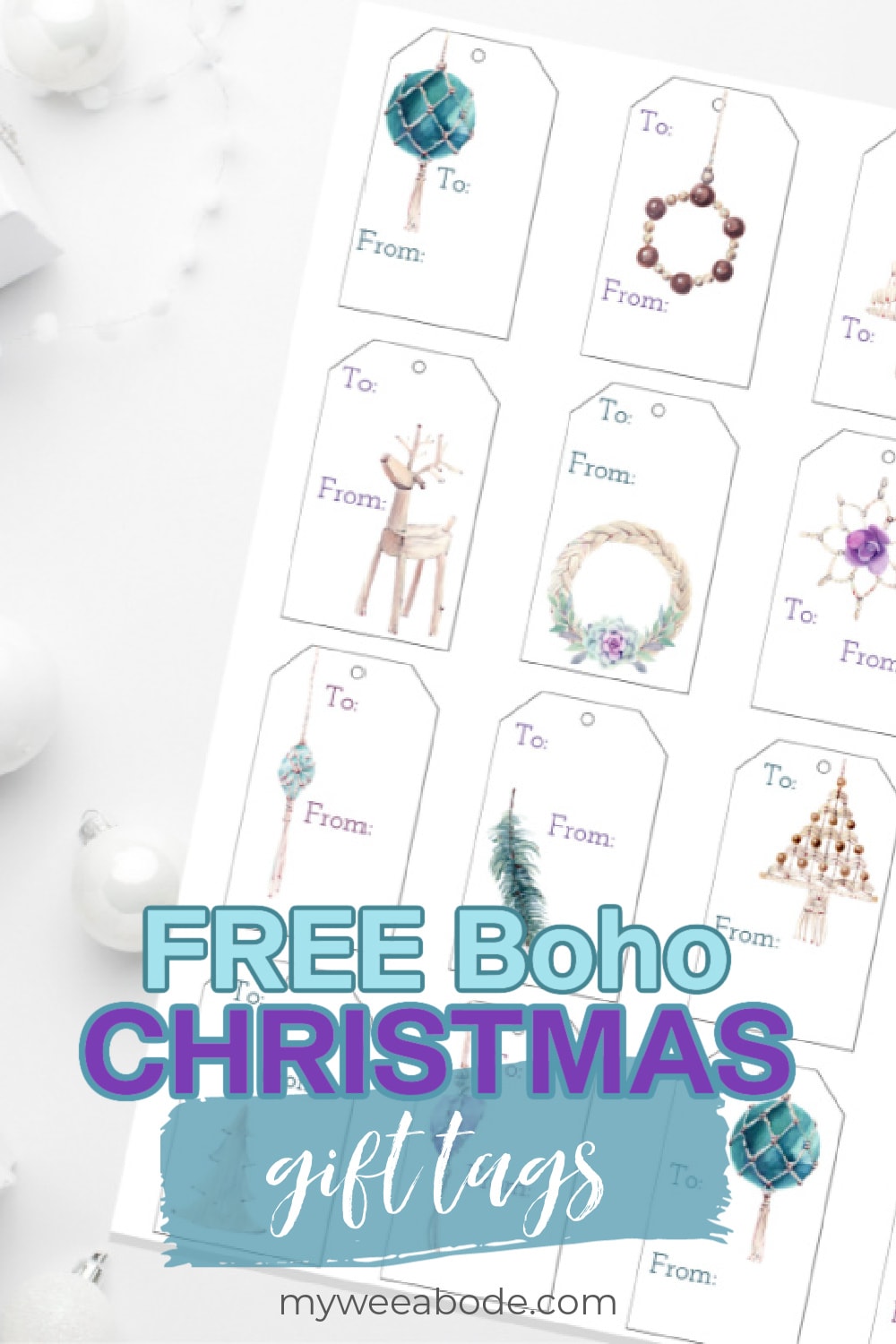 free watercolor boho christmas gift tags with white ornaments and gifts