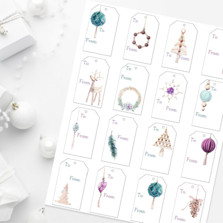 free watercolor boho christmas gift tags with white ornaments and gifts
