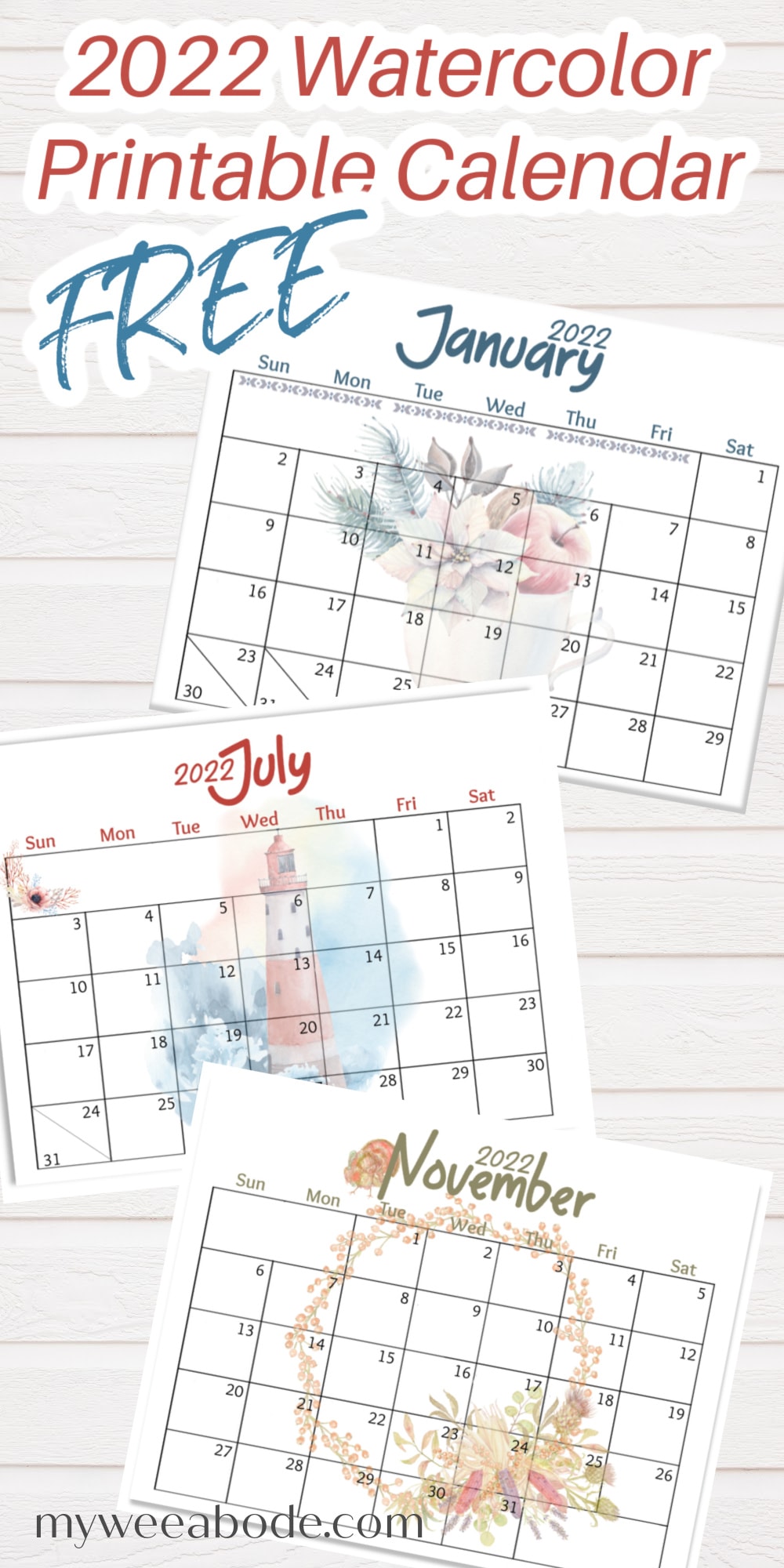 FREE 2022 Printable Calendar in Watercolor collage of calendar months