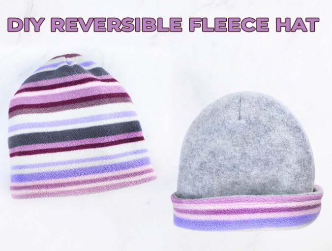 tuesday turn about winter crafts reversible fleece hat in purples and gray
