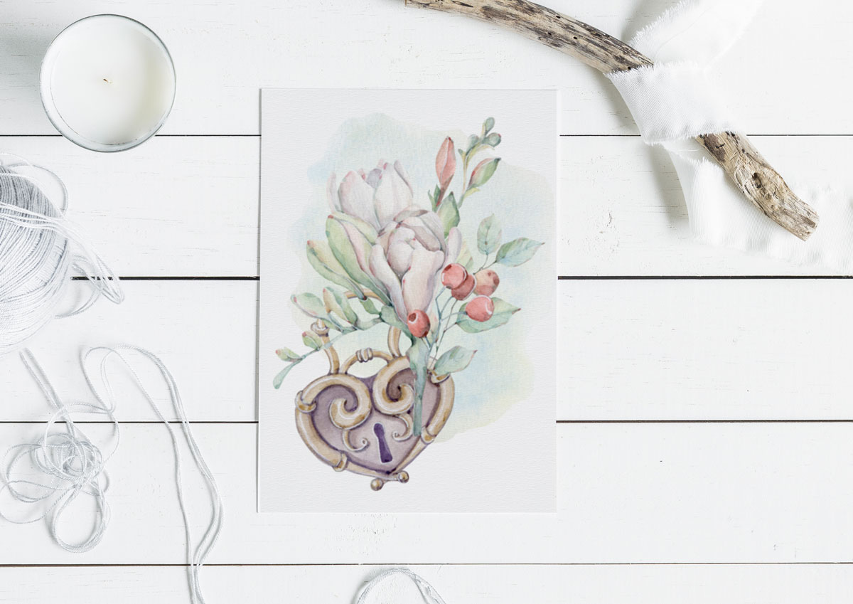 free watercolor valentines day card with a heart shaped lock and flowers