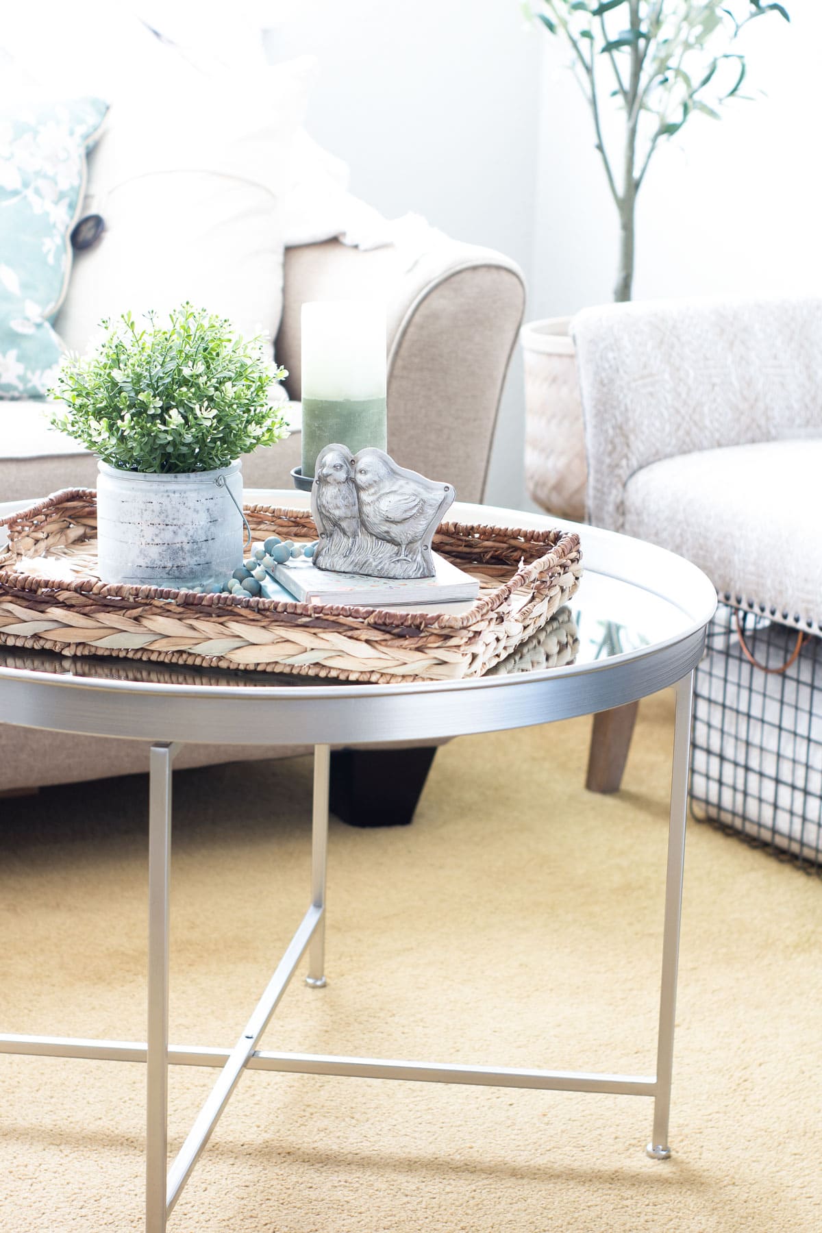 metal coffee table with spring decor