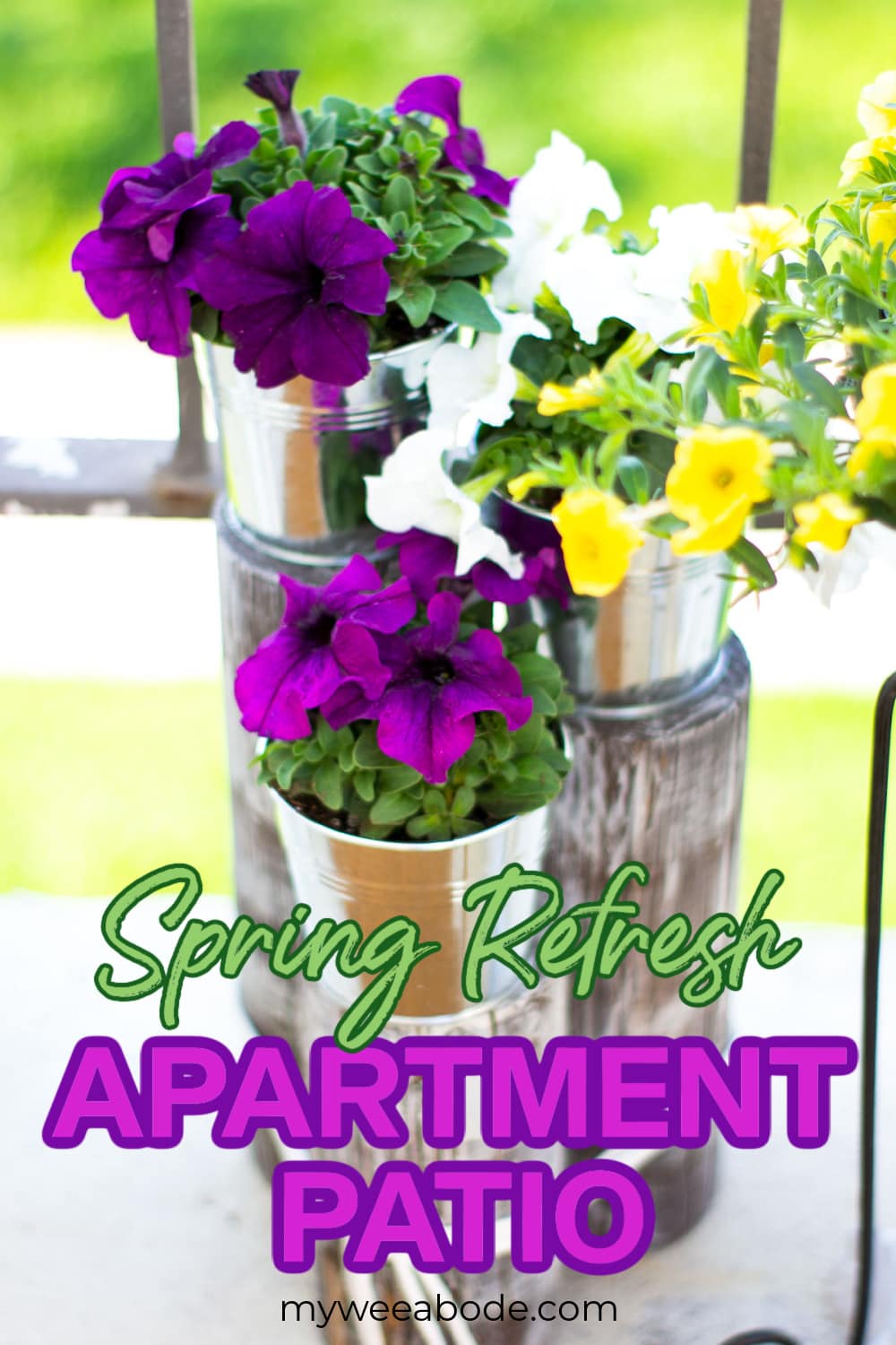 Adding simple and budget-friendly items and flowers to your tiny patio or porch can make a big difference for the spring season. Check out this apartment patio spring refresh! #myweeabode #apartmentlife #smallpatio