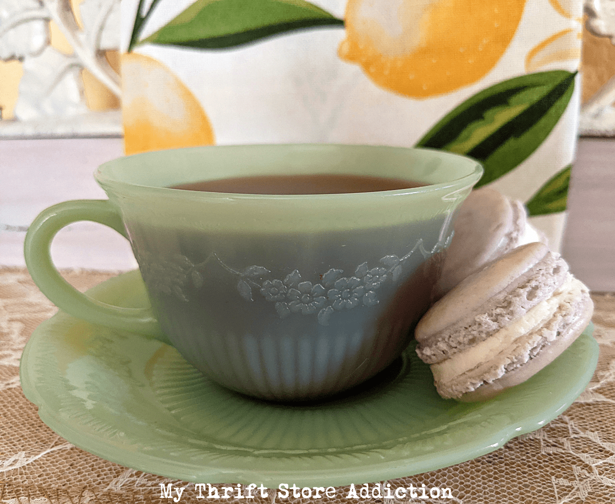 tuesday turn about 144 spring treats macarons and tea in a jadeite teacup and saucer