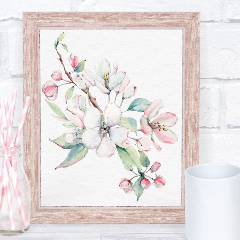 collage of watercolor printables with cherry blossoms