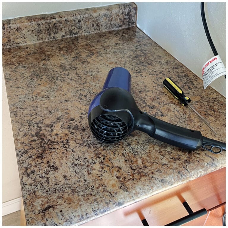 remove temporary decor ugly countertop with hairdryer and screwdriver
