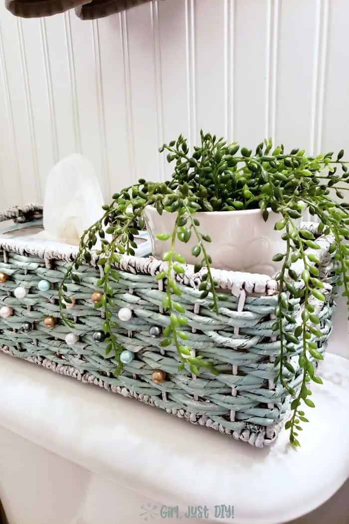 aqua painted basket with beads holding a succulent