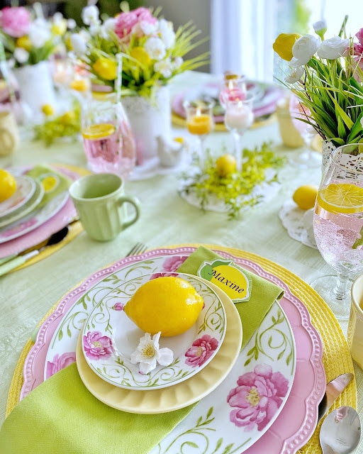 tuesday turn about 150 table time lemon and pink tablescape items