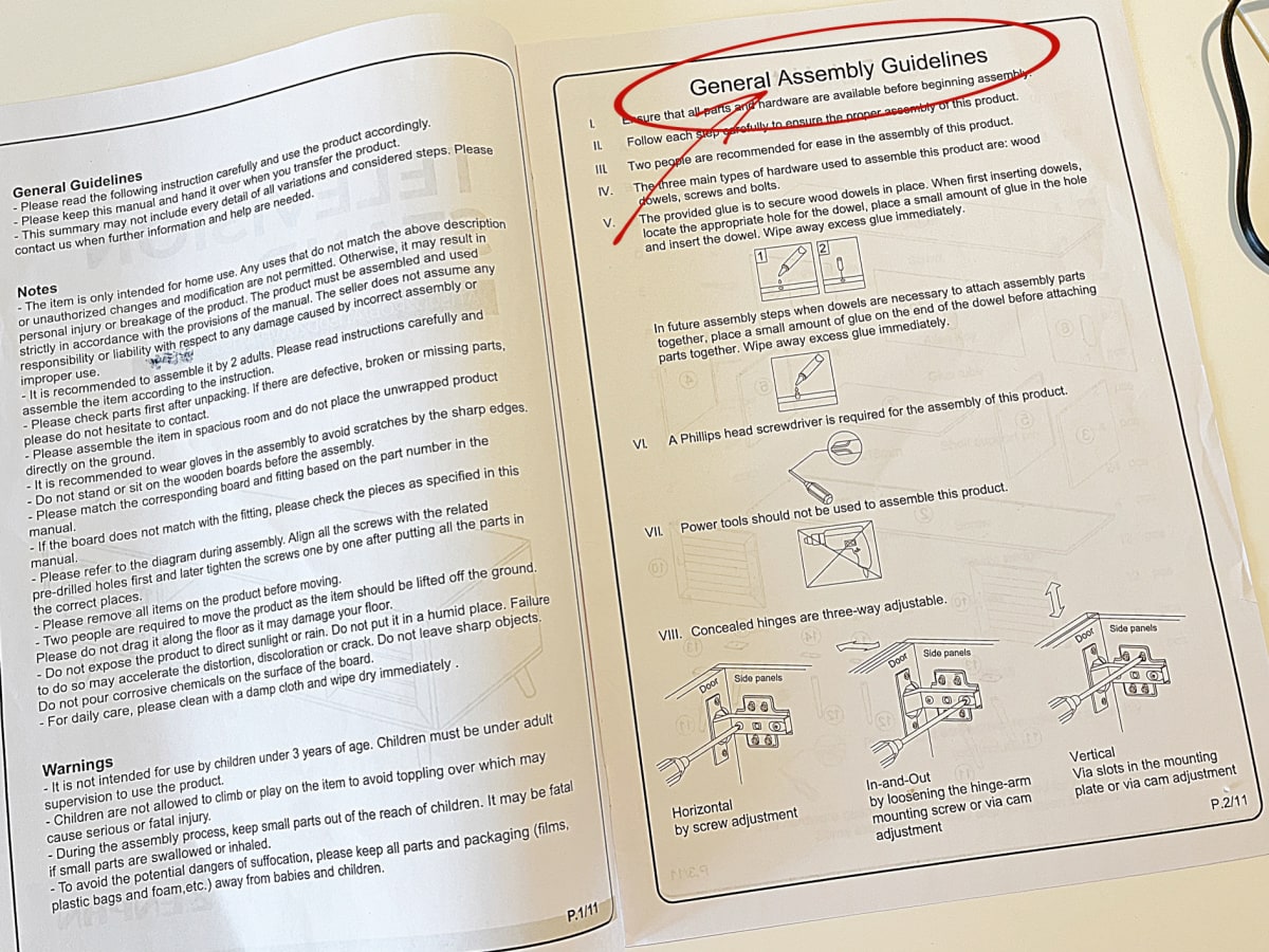 assemble boxed furniture general instructions with writing on white surface