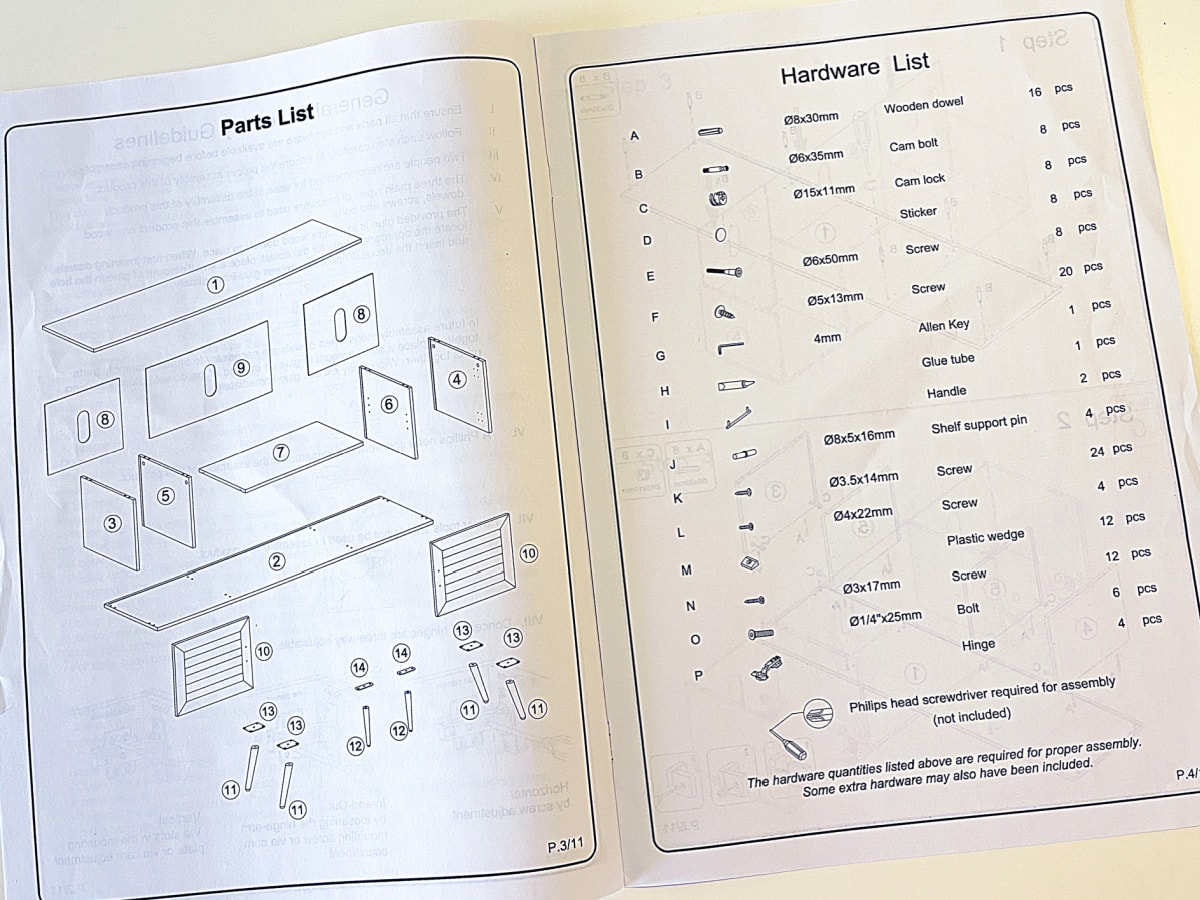 instructions for furniture kit with inventory of hardware and pieces checked off