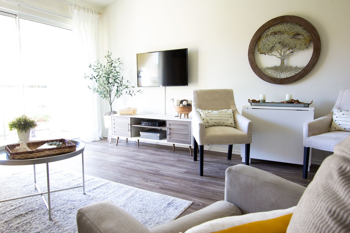 tiny summer home tour living area with tv console olive tree and chair