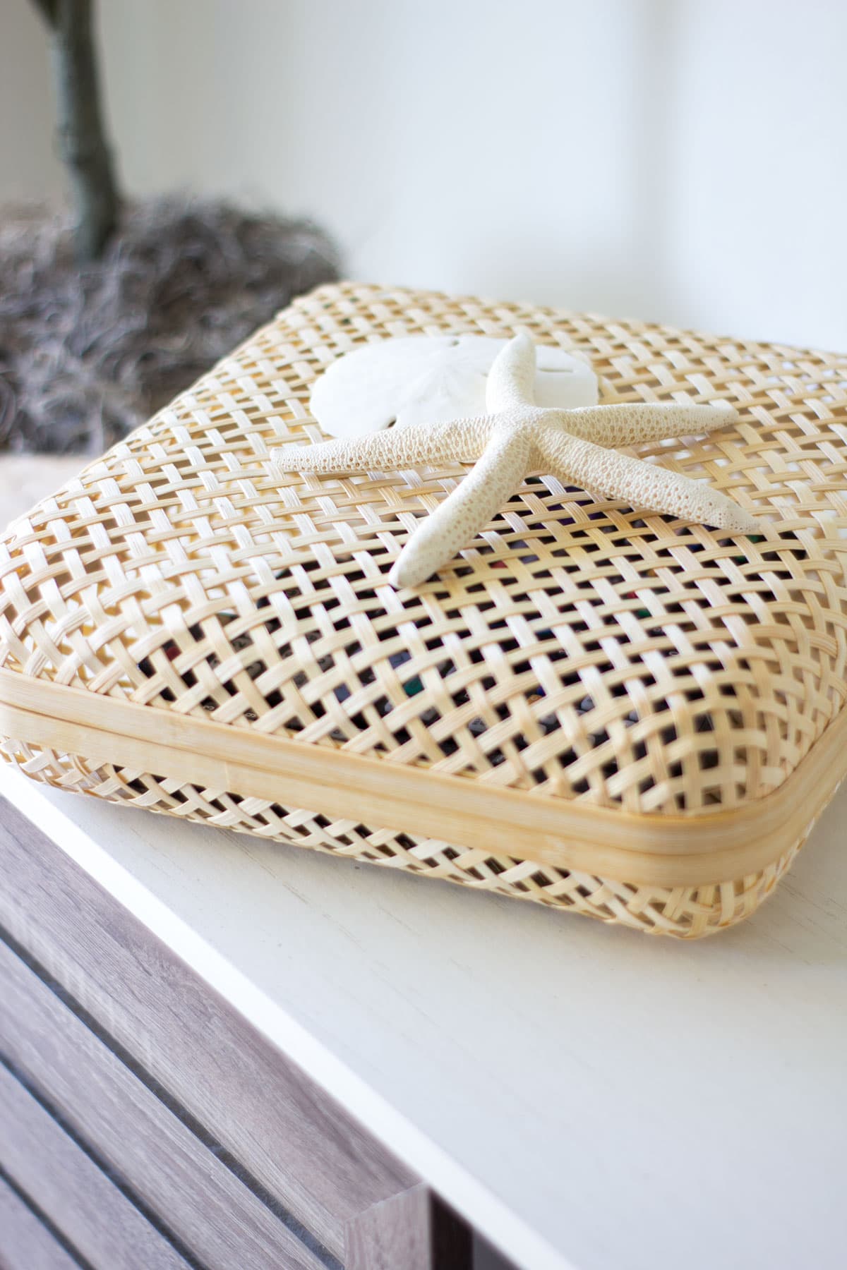 weaved basket with starfish and sand dollar
