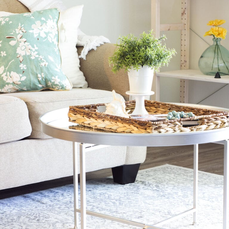 tiny summer home tour coffee table with plant and tray in living area