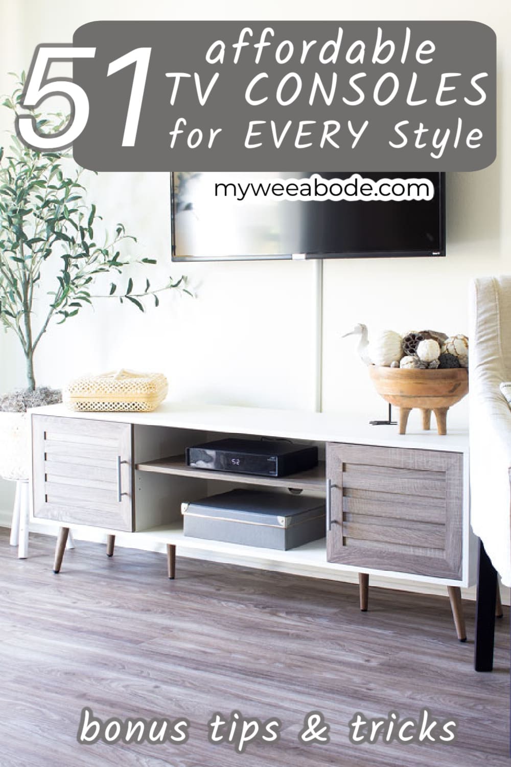 affordable tv consoles with wood doors and coastal decor elements and tv mounted above
