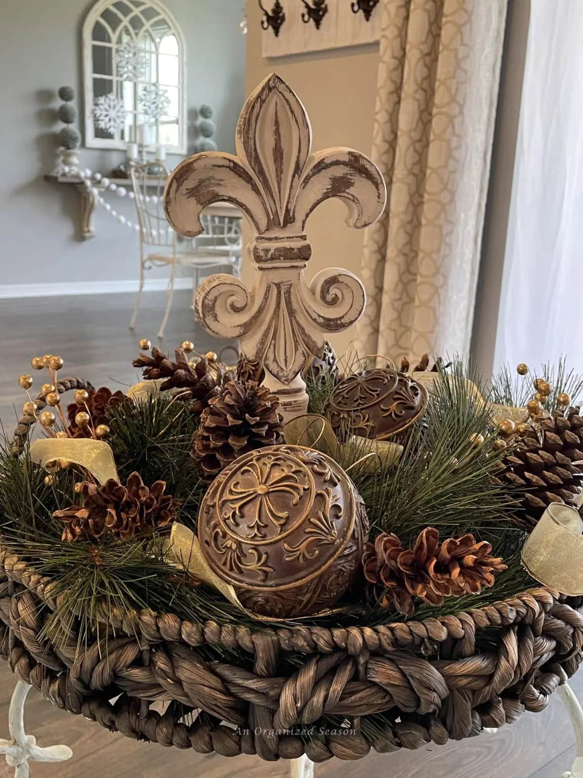 tuesday turn about 161 christmas in july centerpiece with ornaments pinecones and pine branches