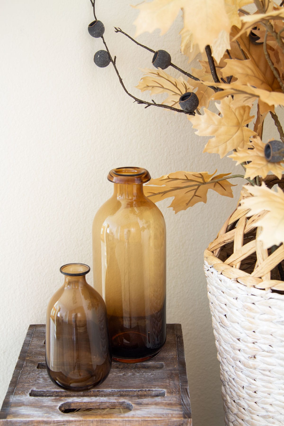 tiny entryway fall decor ideas pinterest challenge amber bottles on wood surface with woven vase