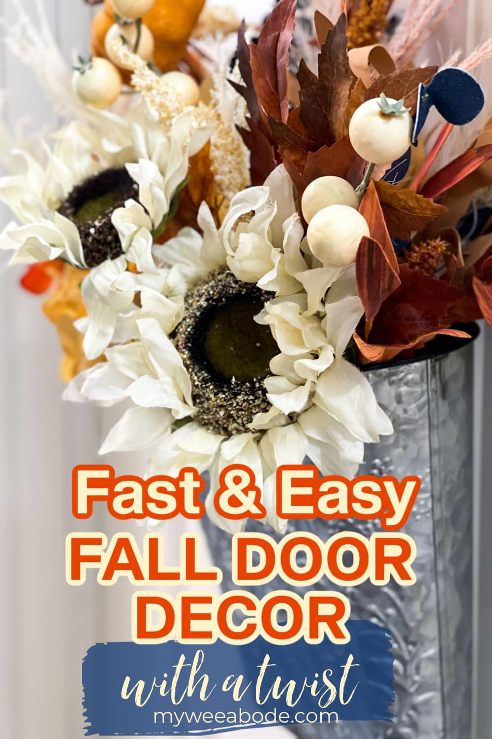 fast and easy fall tin door decor closeup of white berries against fall florals