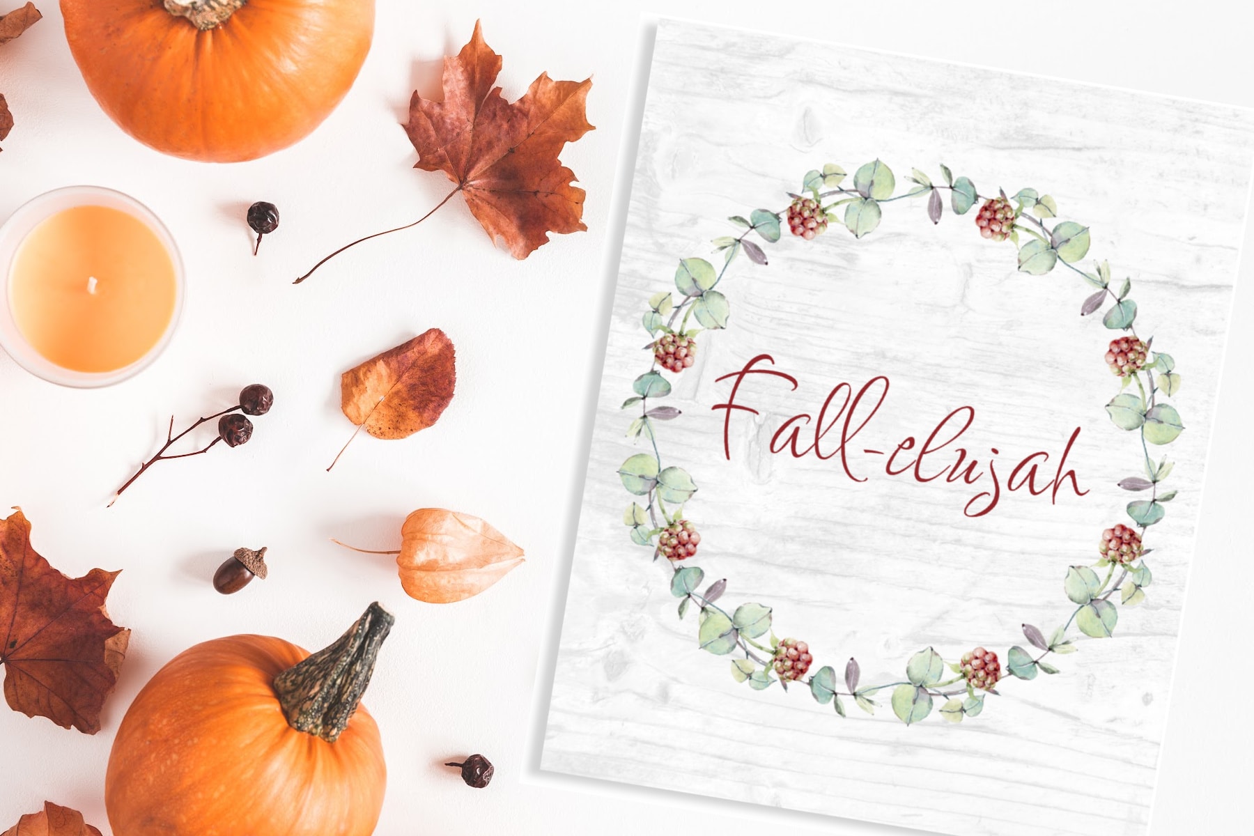 celebrate with fall printables wreath with wording and pumpkins and leaves on white surface