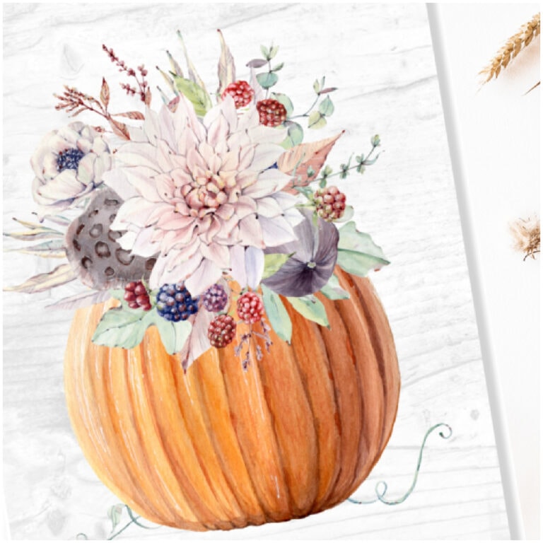 celebrate with fall printables pumpkin with flowers with wheat accents on white surface