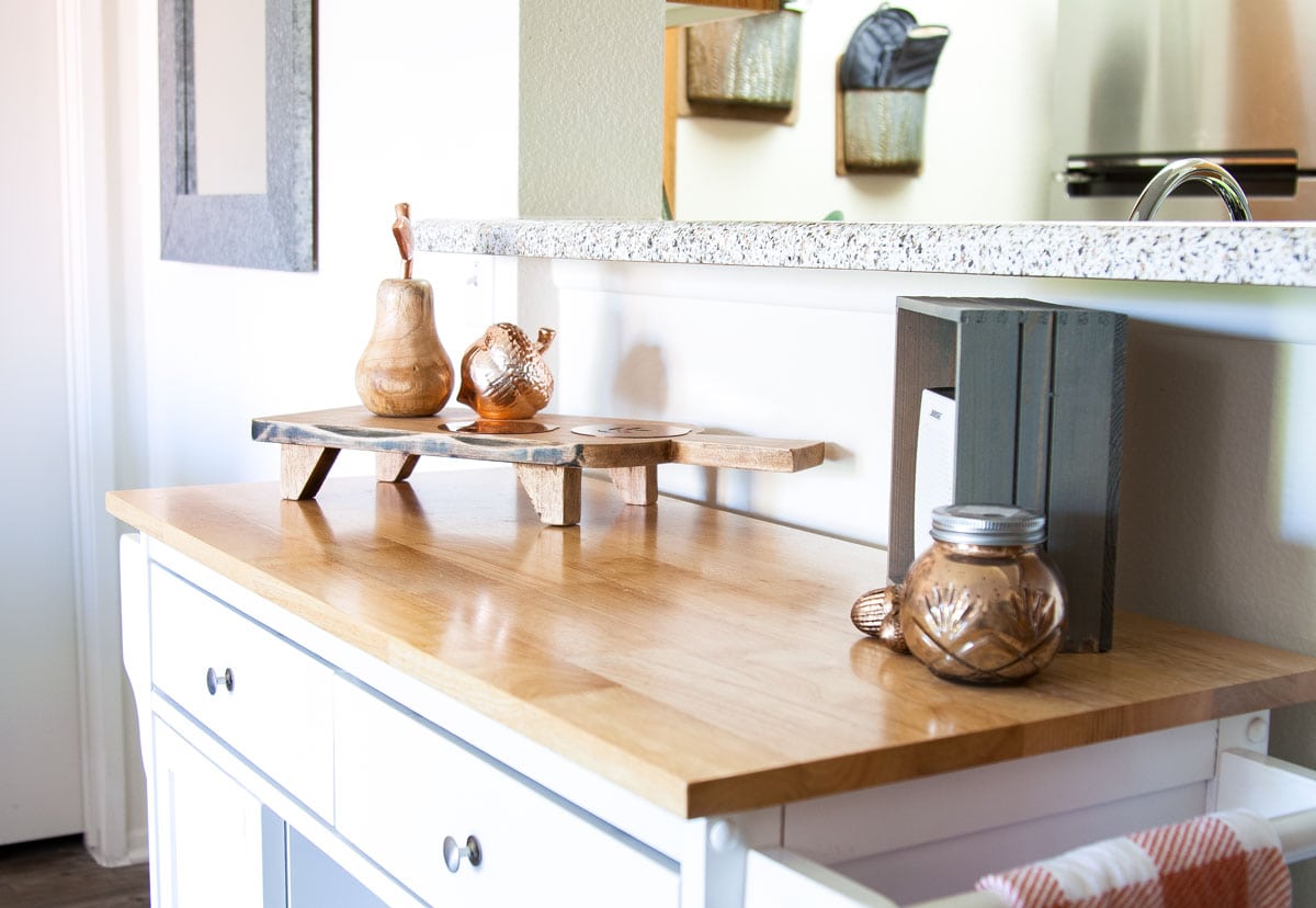 counter space with copper decor for fall