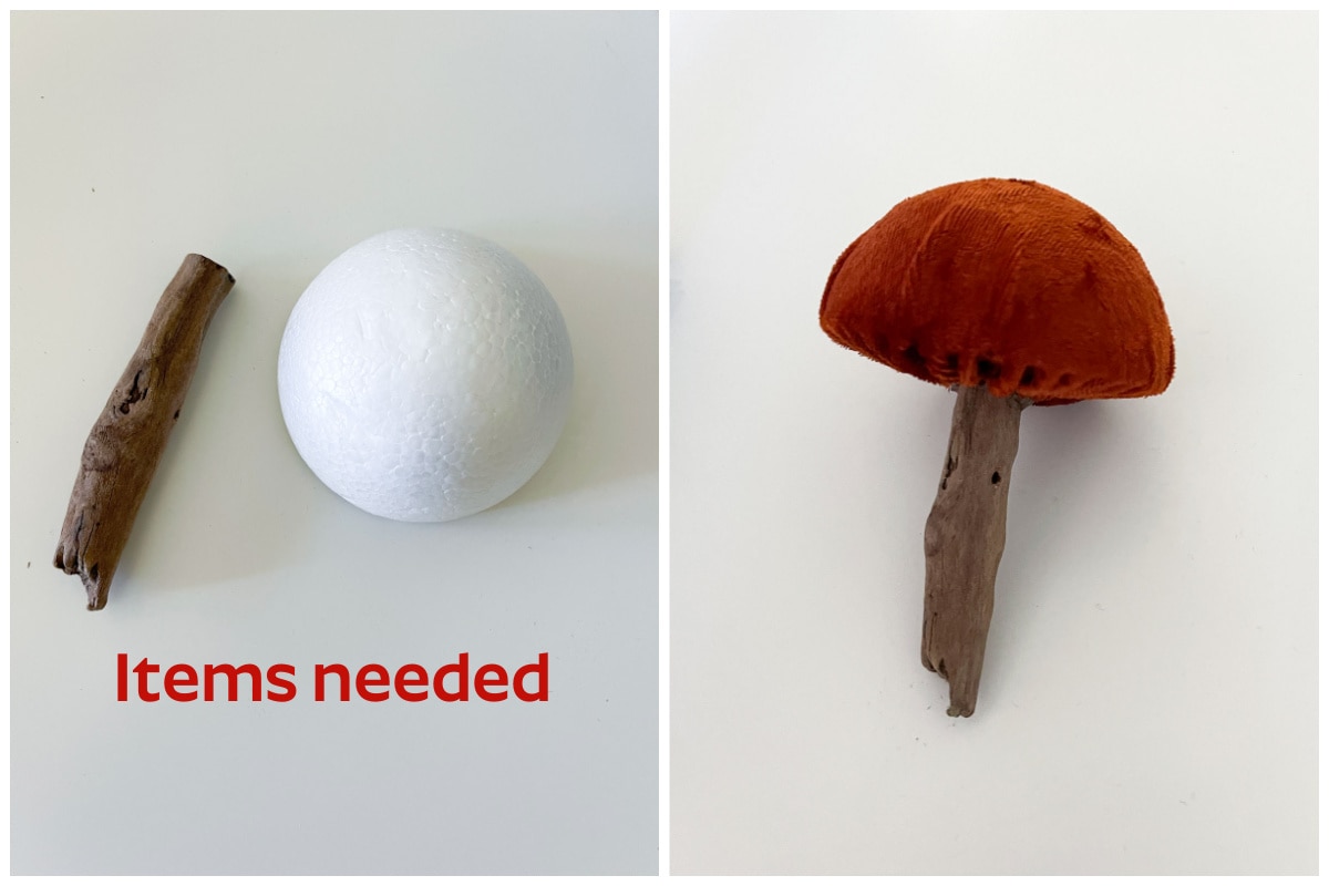 Easy DIY Velvet Mushrooms three ways collage of tutorial steps with half foam and driftwood stem
