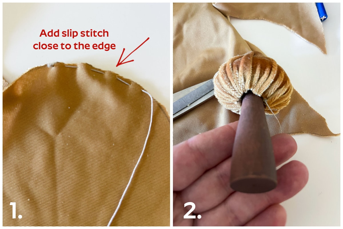 Easy DIY Velvet Mushrooms three ways collage of tutorials with gold velvet and wooden mushroom