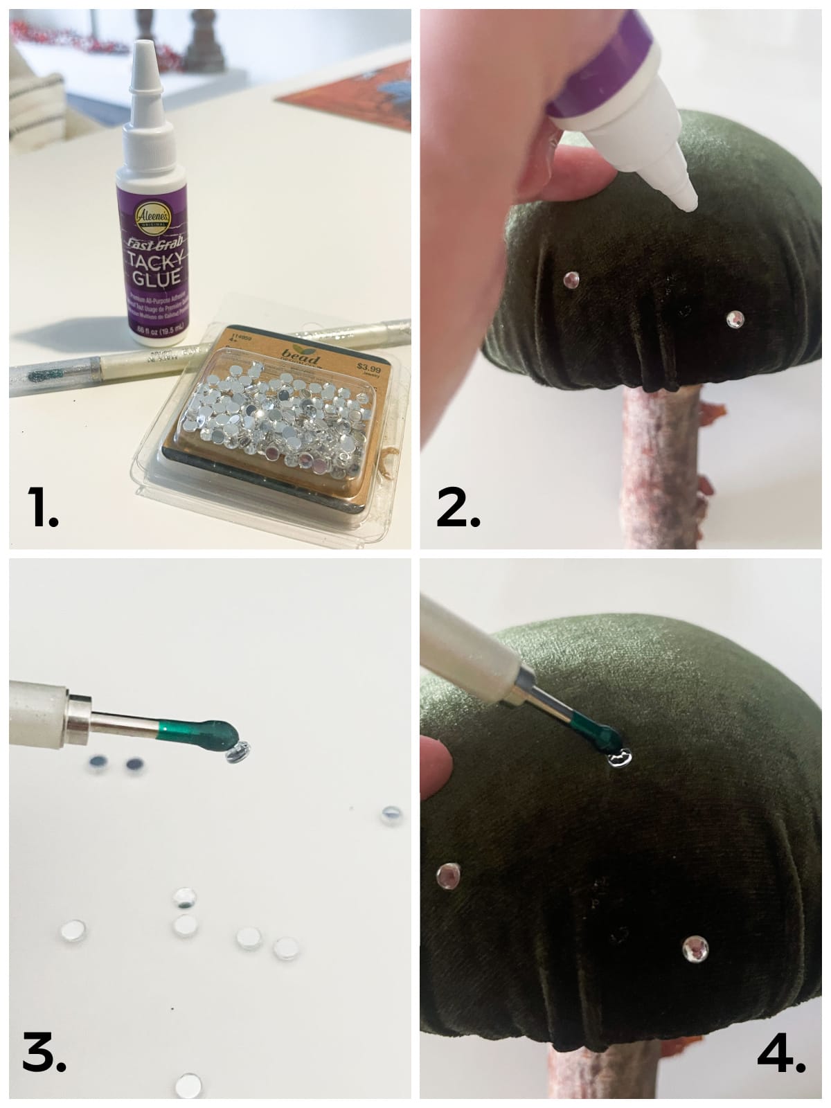 tutorial steps for velvet mushroom diy with green foam and green velvet and rhinestones