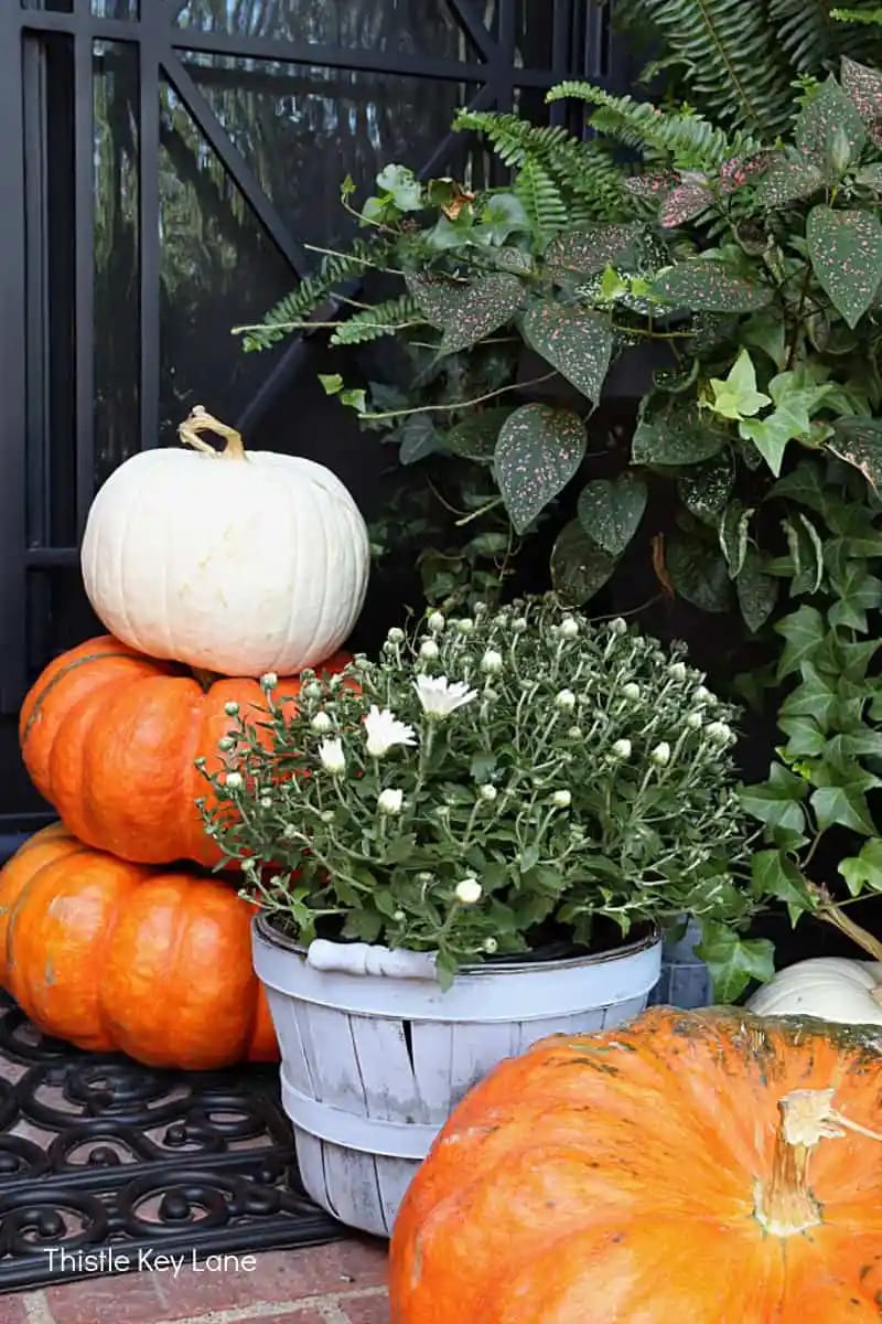 small porch with stacked pumpkins and mums