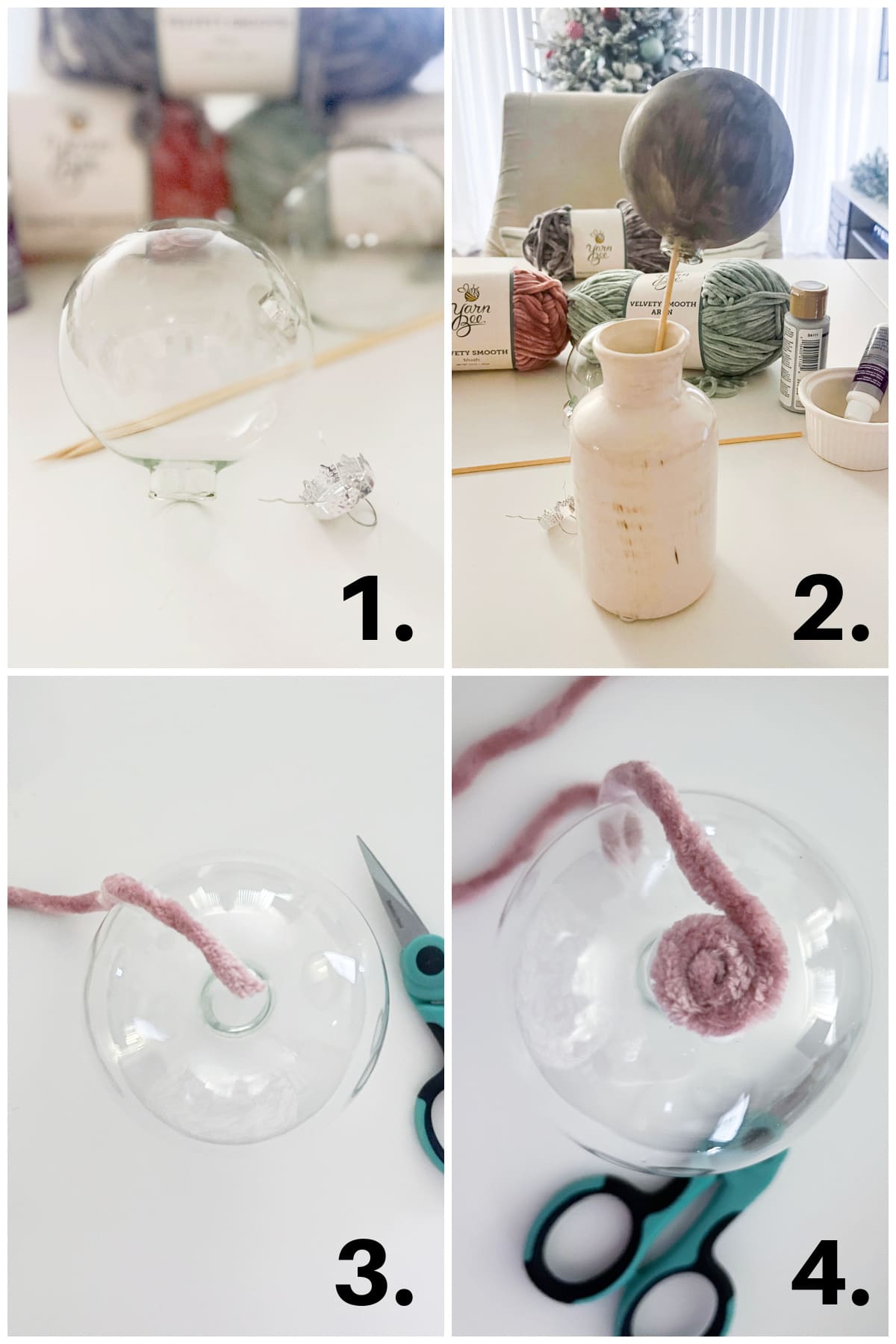 step by step tutorial images for making a velvet yarn christmas ornament