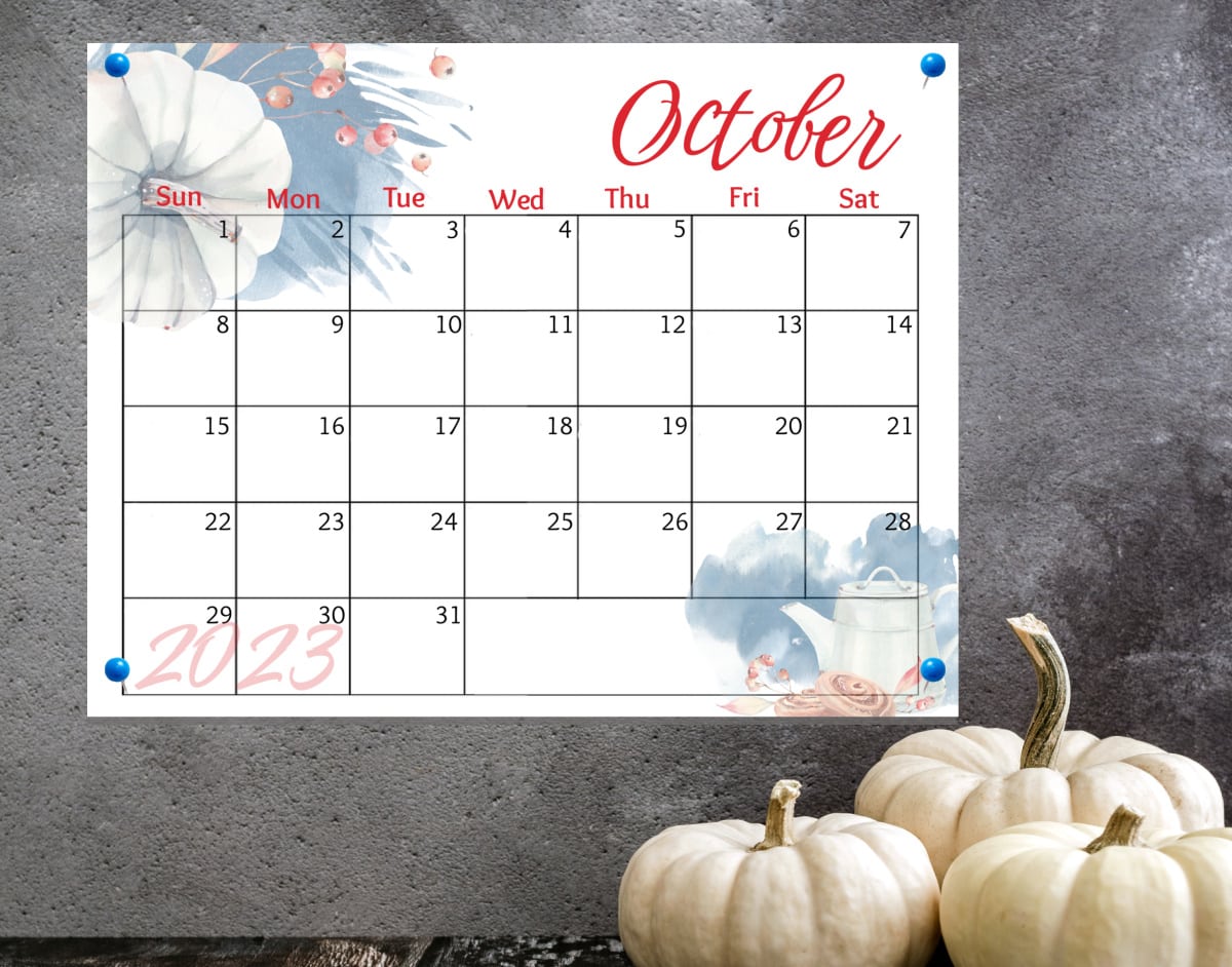 free 2023 watercolor calendar printable image of October calendar with white pumpkins setting in corner