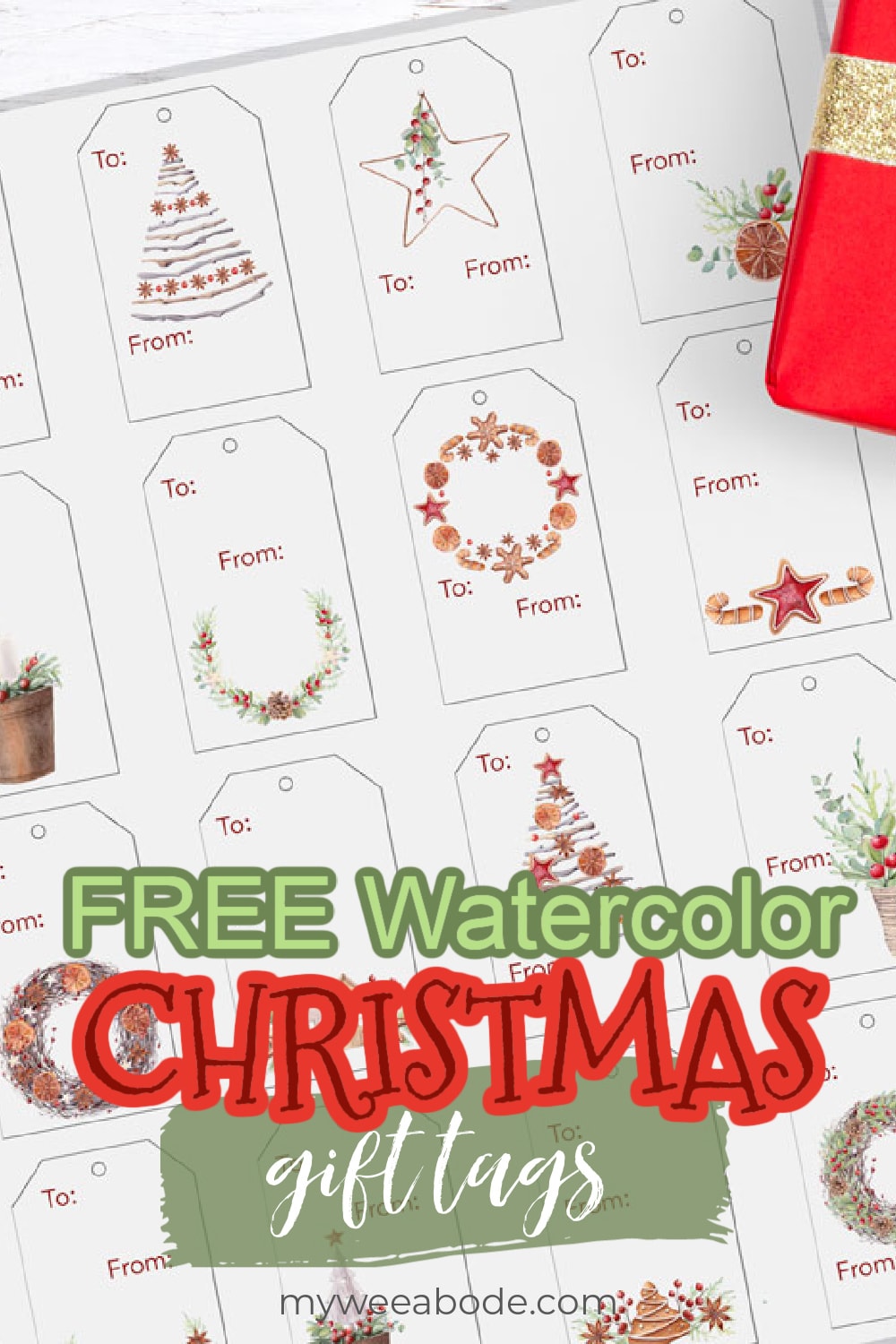 free watercolor christmas gift tags merry and sweet wooden surface with christmas wrapping elements and gifts tags