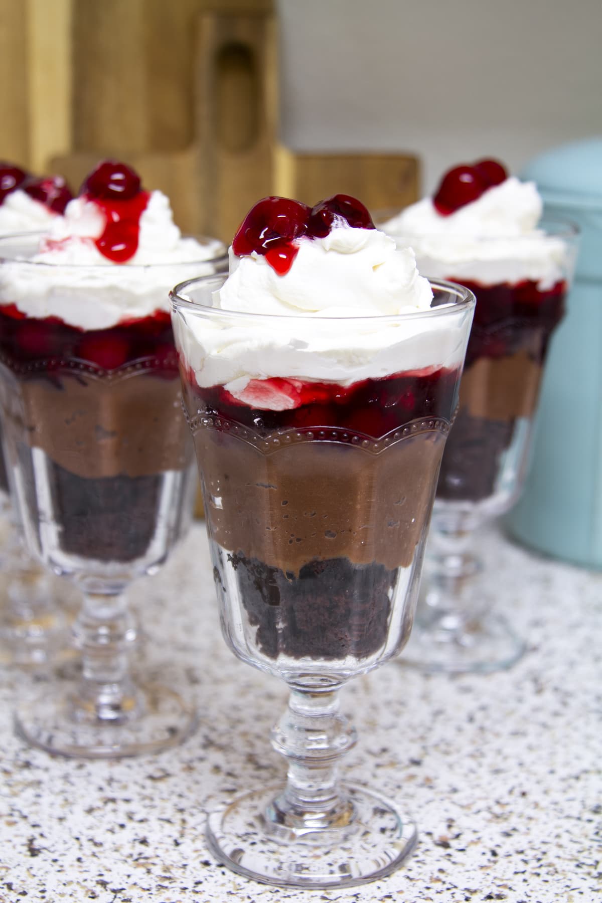 glass dessert cups with black forest trifle dessert