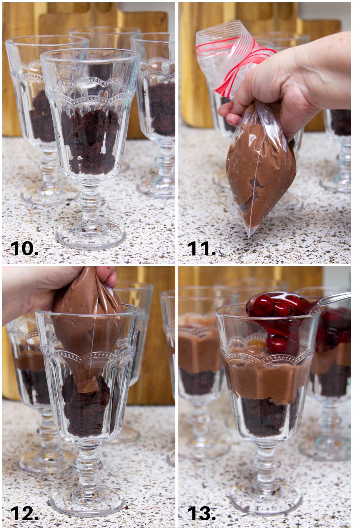 easy egg free black forest trifle recipe images of steps to layer a trifle in glass cups