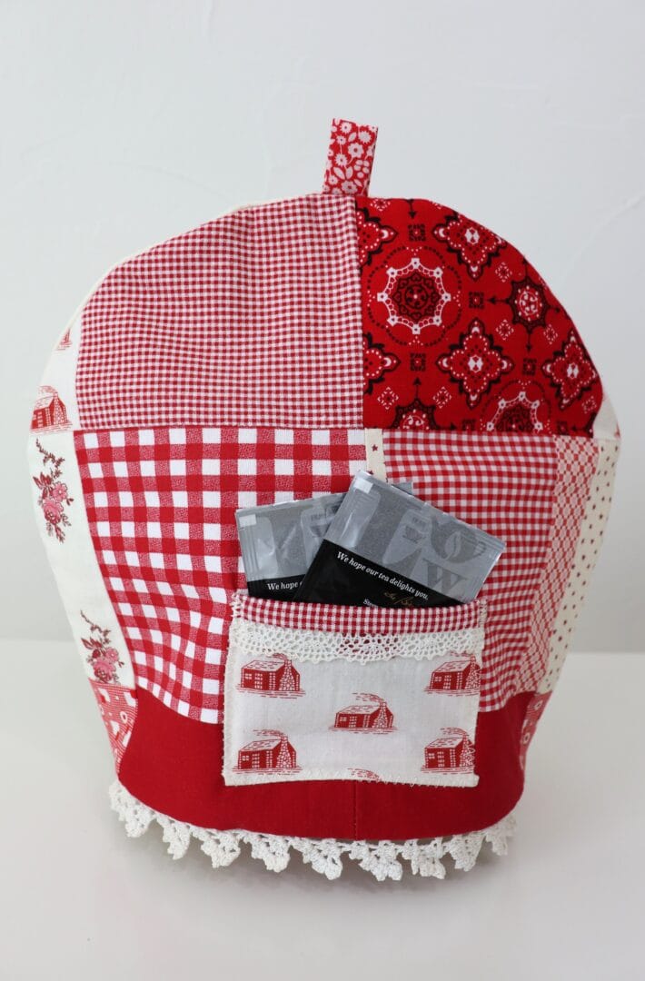 tuesday turn about 186 seeing red teapot cozy in red quilt fabric