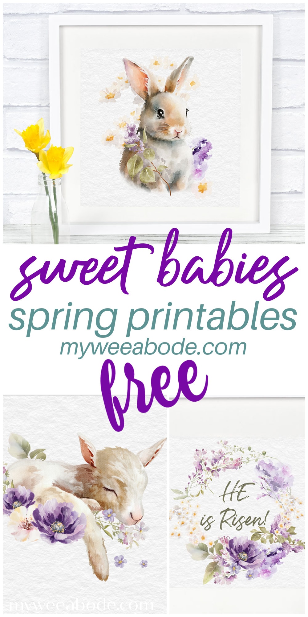 sweet spring printables in watercolor printable collage with title written on it