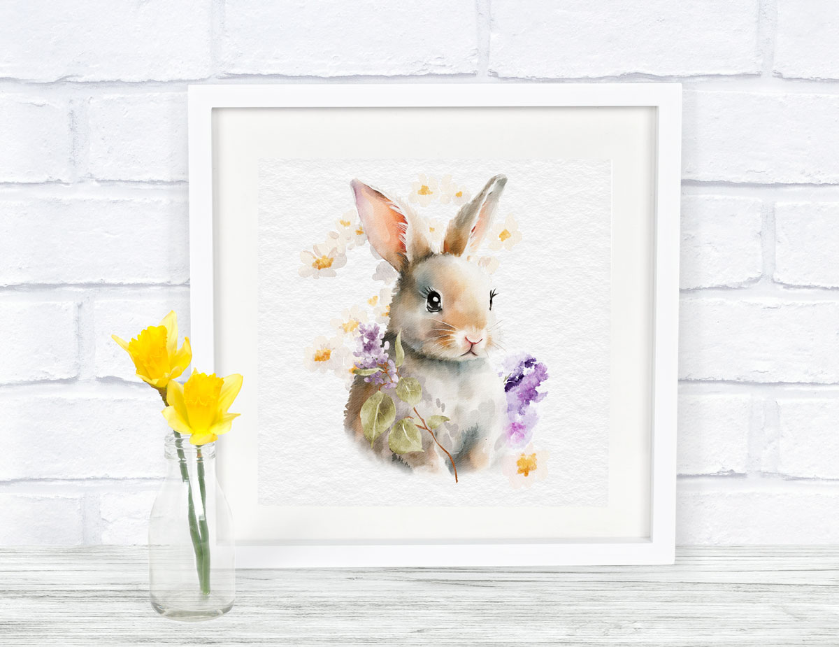 bunny printable in white frame with daffodil vase beside it