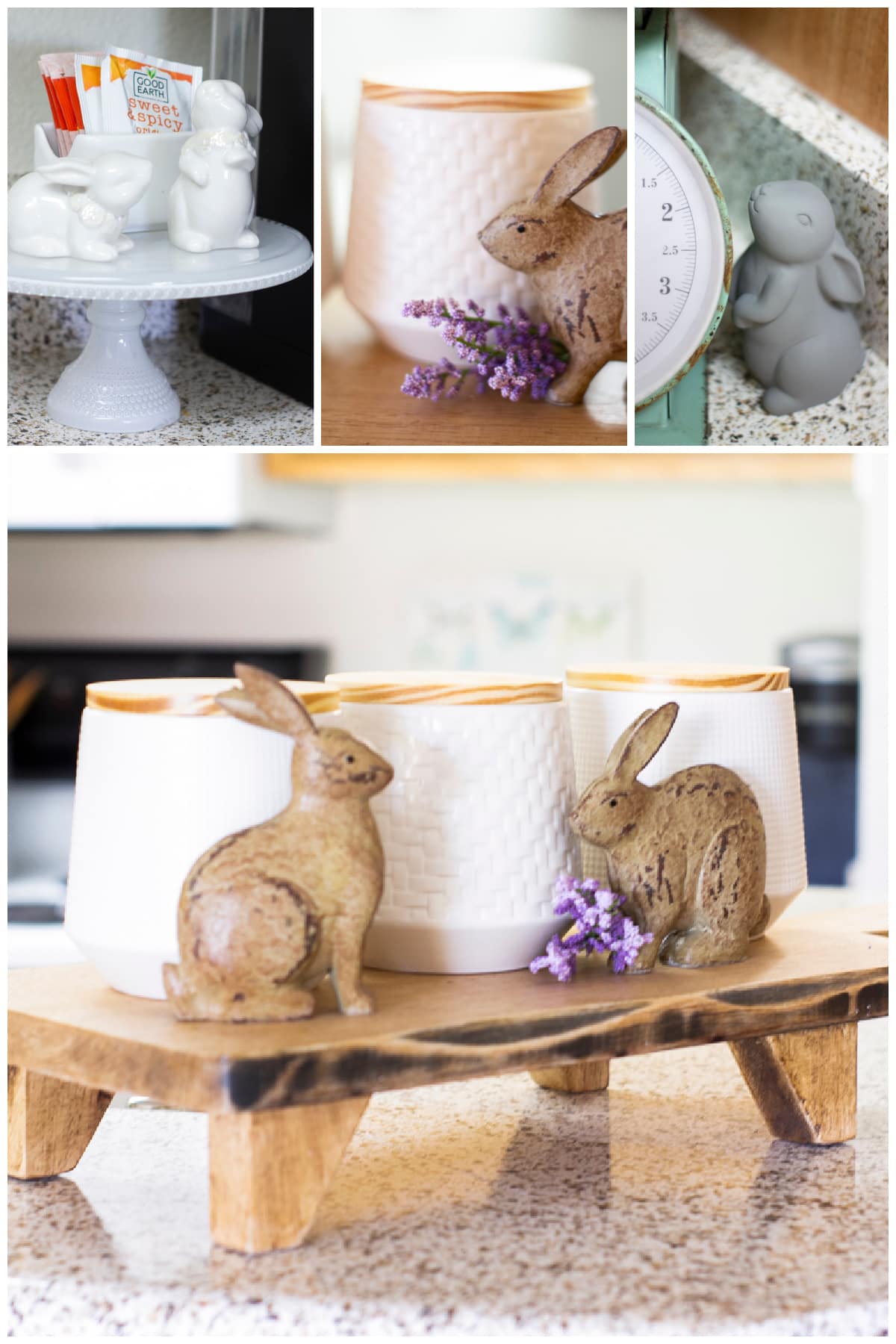 small apartment kitchen spring decor collage of spring bunnies in kitchen