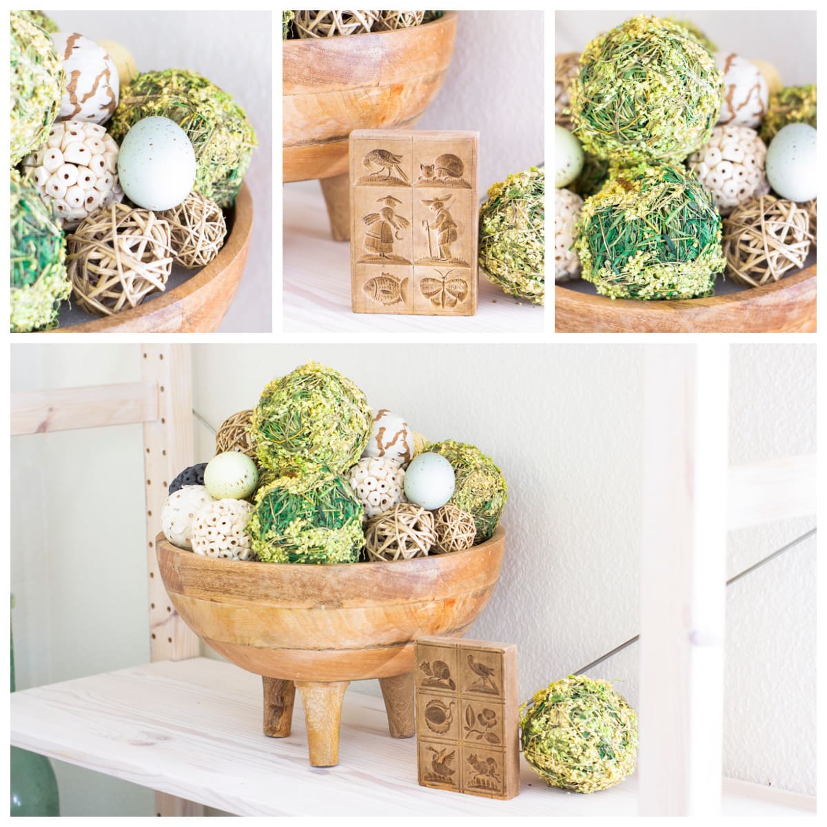 apartment living room spring decor wooden pedestal bowl with moss balls and eggs on shelf collage