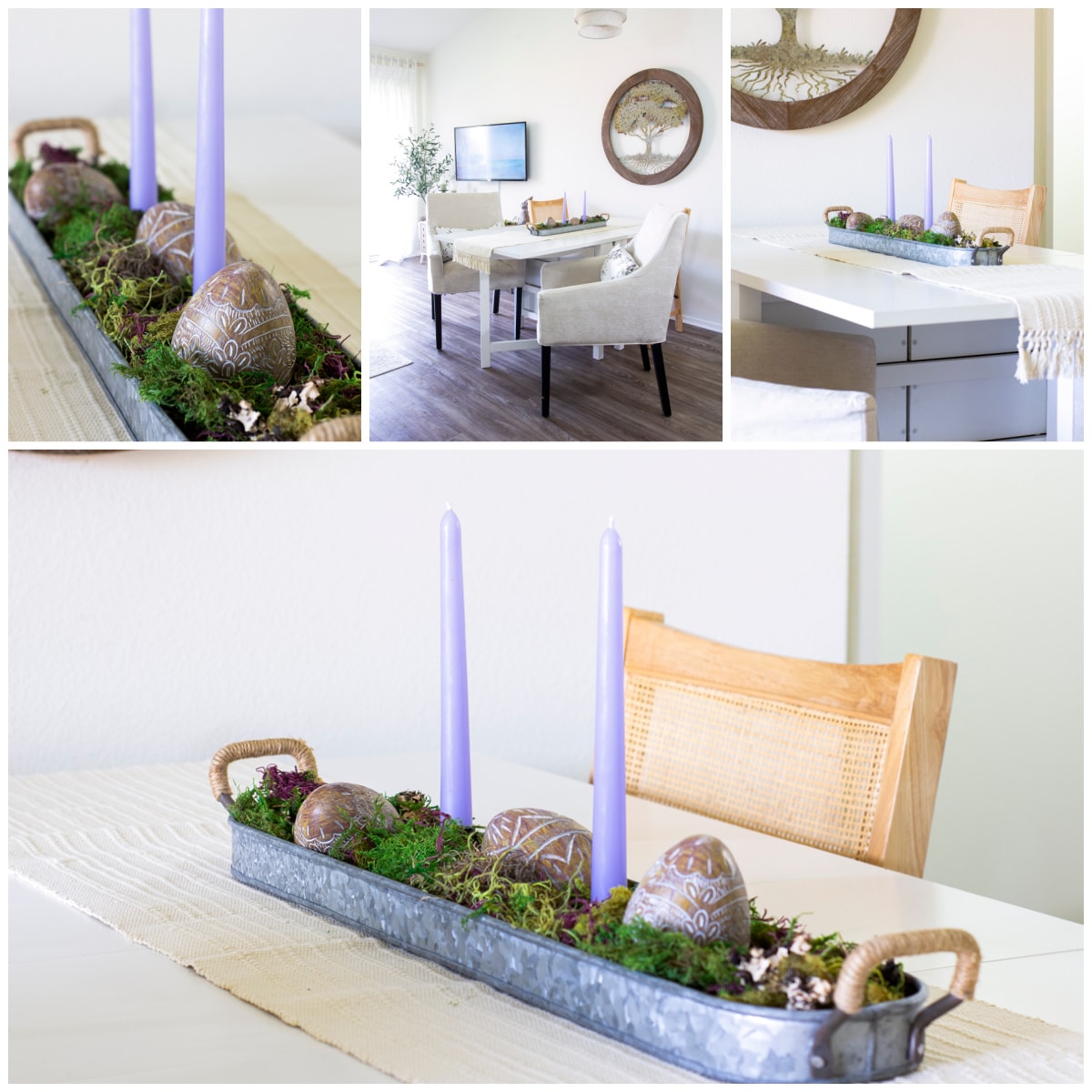 collage of dining room centerpiece in metal tray with moss and wooden eggs and purple candles