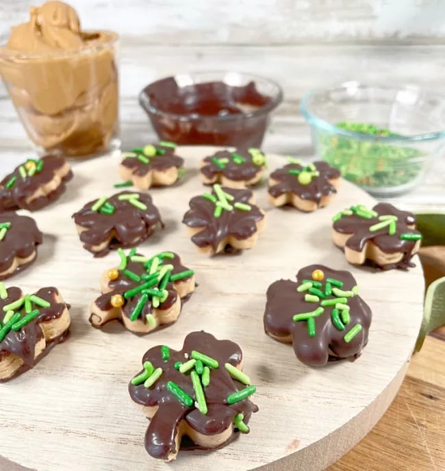 shamrock peanut butter and chocolate cookies on tray