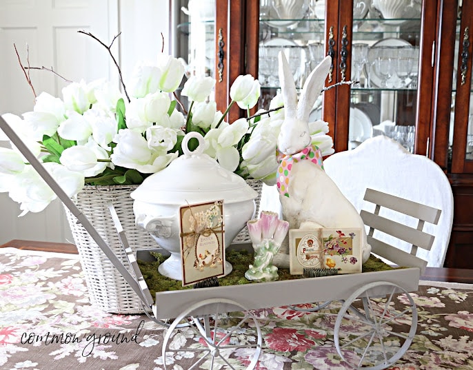 centerpiece for easter with bunny soup tureen and florals