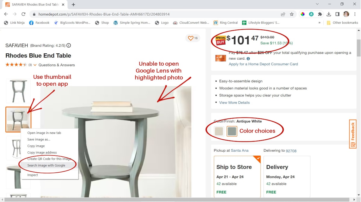 how to find the best price using search google lens image of gray table in computer screen with pop-up menu