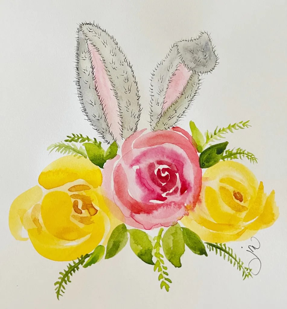 tuesday turn about 196 eggsciting spring watercolor bunny ears with flowers on canvas