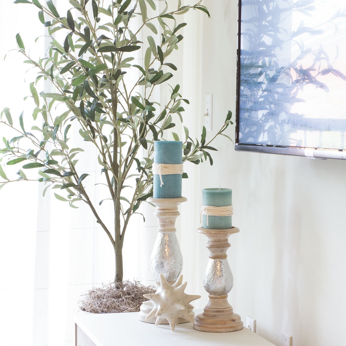 summer apartment living area with coastal decor candle holders with urchin and olive tree in background