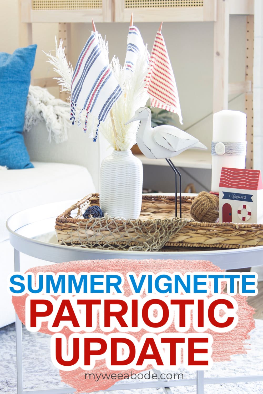 coffee table vignette with coastal items in red white and blue