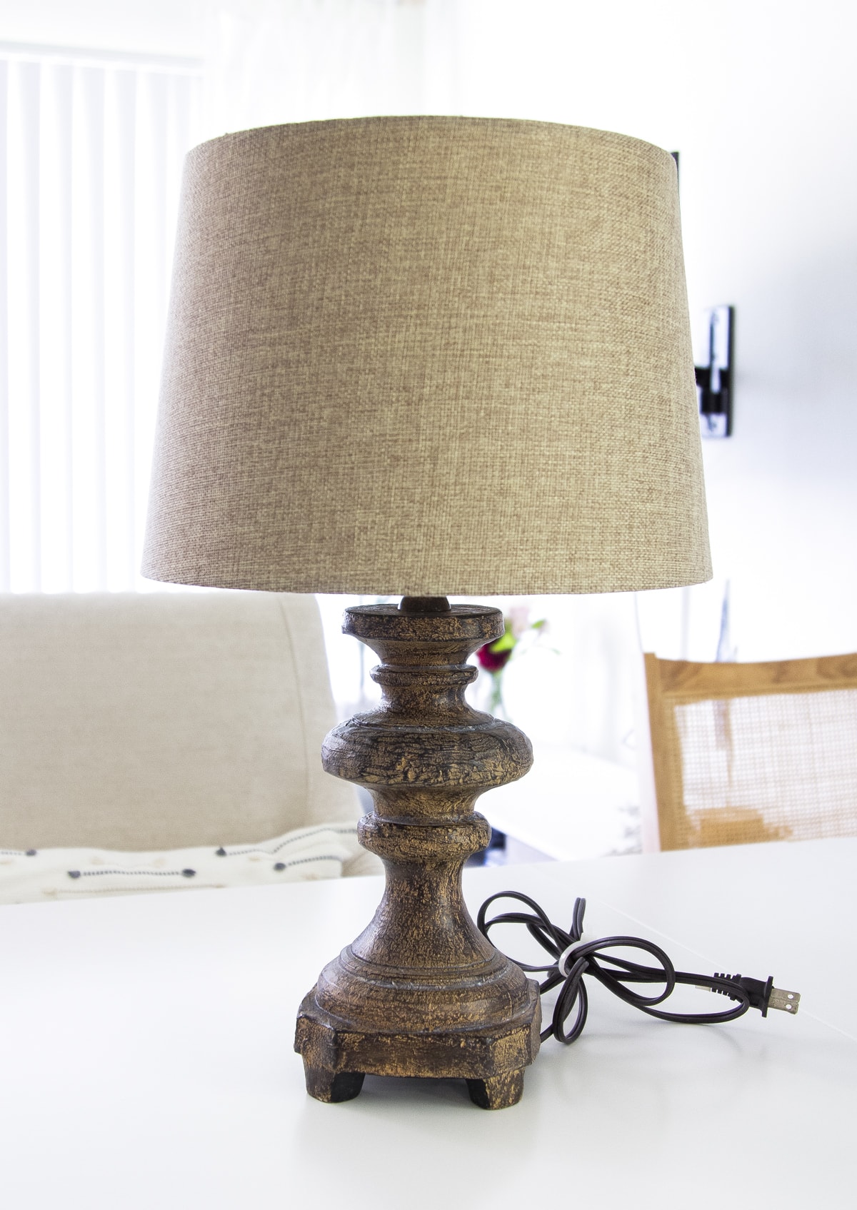 goodwill lamp makeover with paint brown lamp with brown shade on table