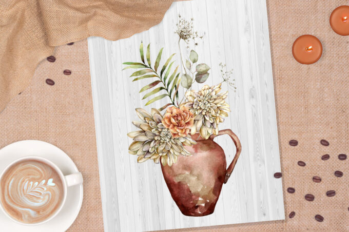free watercolor printables for the fall season print of brown jug with flowers and leaves on a surface with fall elements