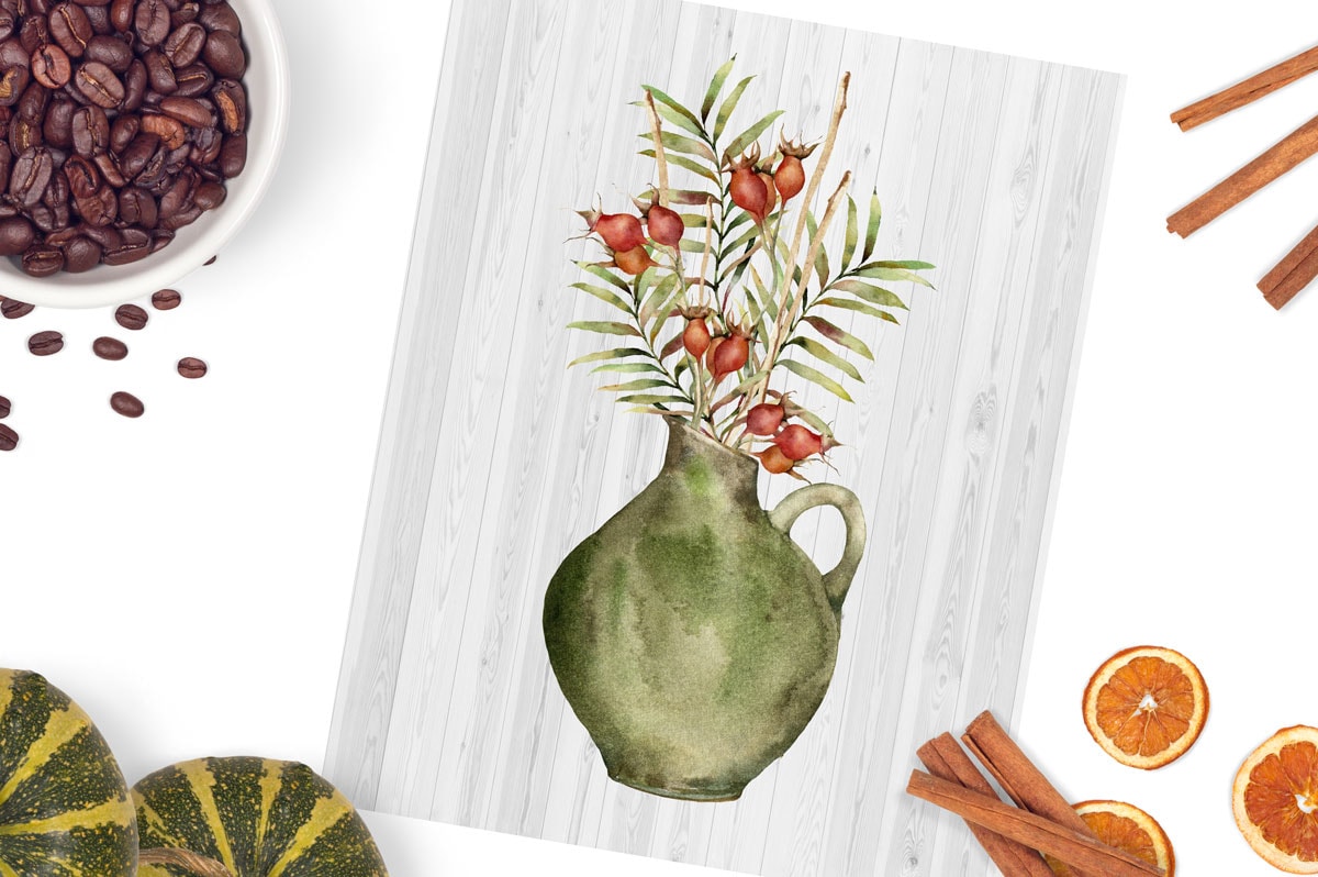 free watercolor printables for the fall season print of green jug with flowers and leaves on a surface with fall elements